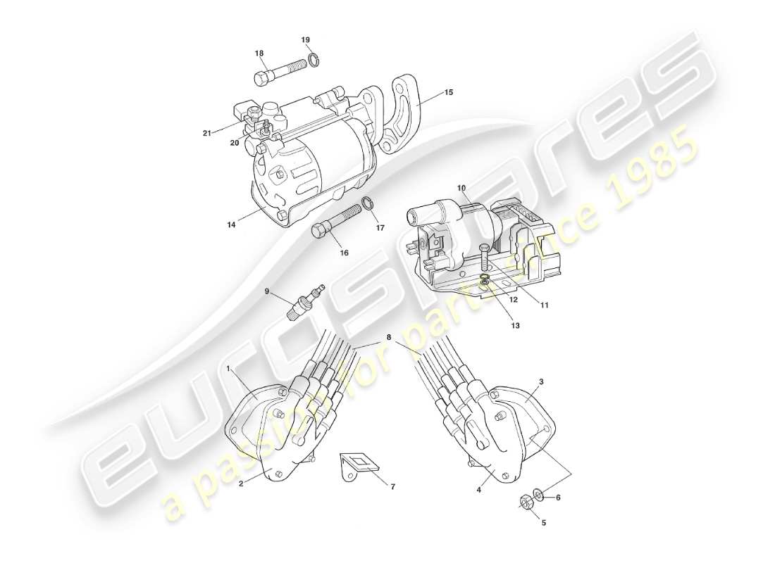 aston martin v8 virage (1999) ignition coil, distributor & starter motor part diagram