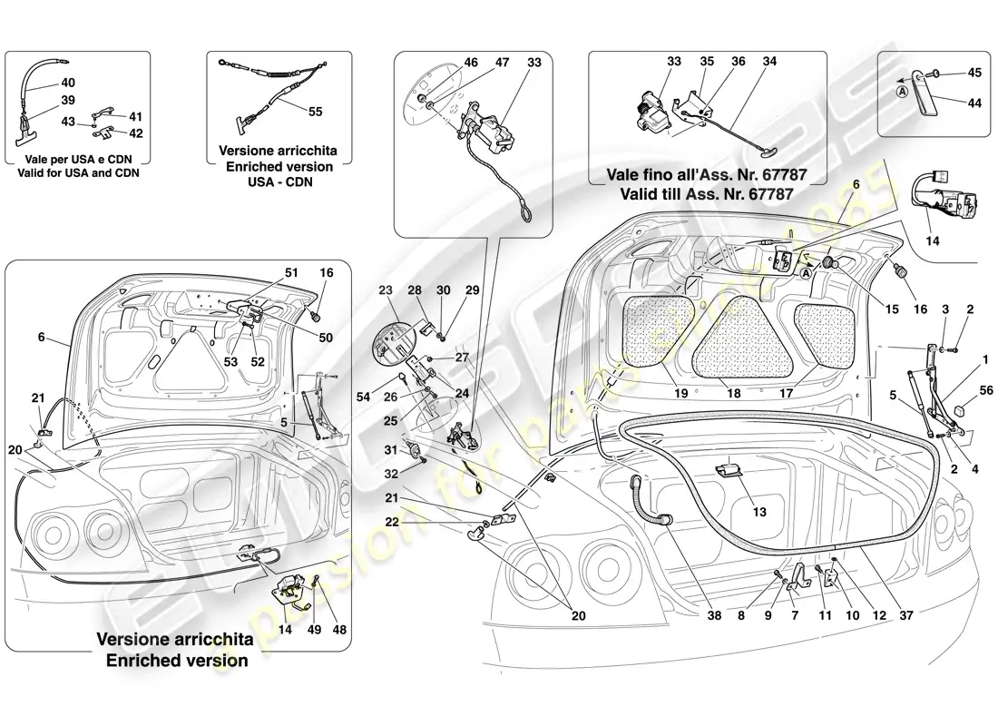 ferrari 612 sessanta (rhd) luggage compartment lid and fuel filler flap parts diagram
