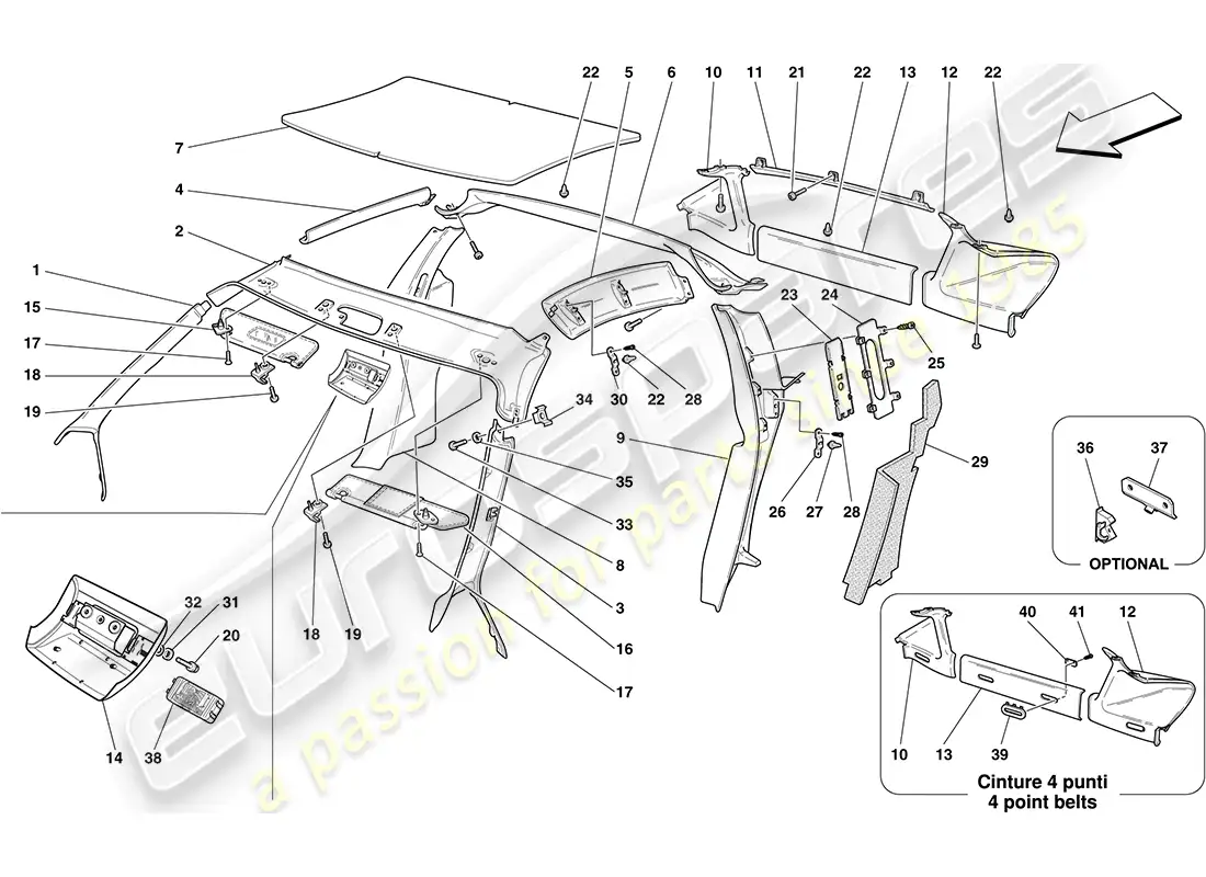 ferrari f430 coupe (rhd) headliner trim and accessories parts diagram