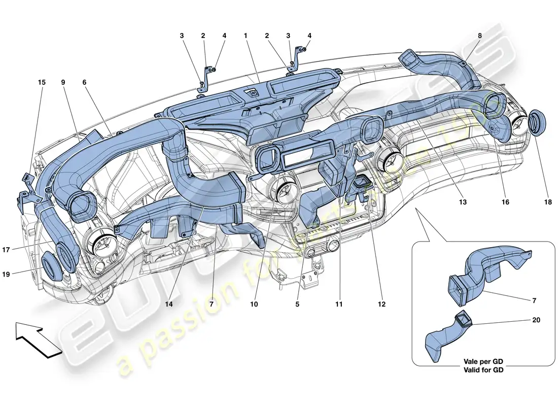 ferrari gtc4 lusso (rhd) dashboard air ducts parts diagram