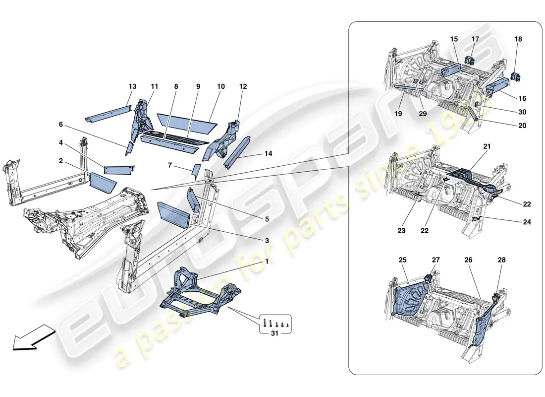 ferrari gtc4 lusso (rhd) structures and elements, rear of vehicle parts diagram