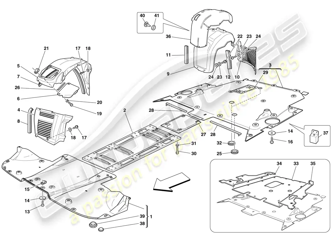 ferrari f430 spider (usa) flat undertray and wheelhouses parts diagram