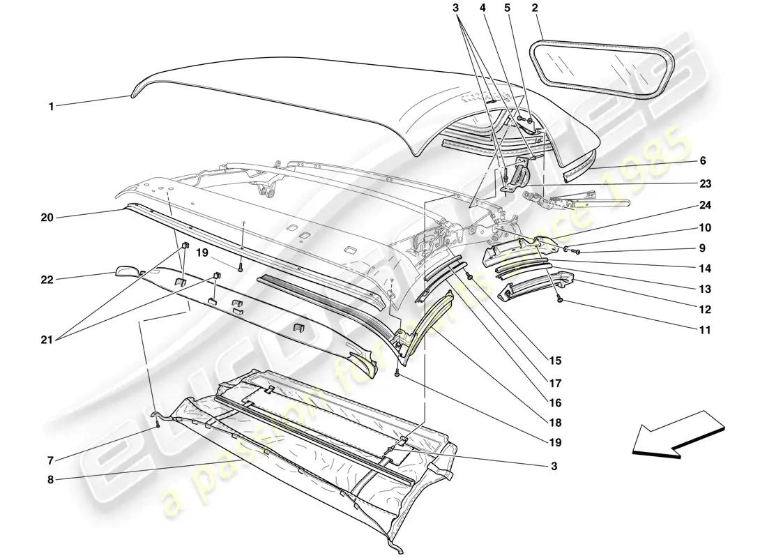 ferrari f430 spider (usa) roof canvas - seals - mouldings parts diagram