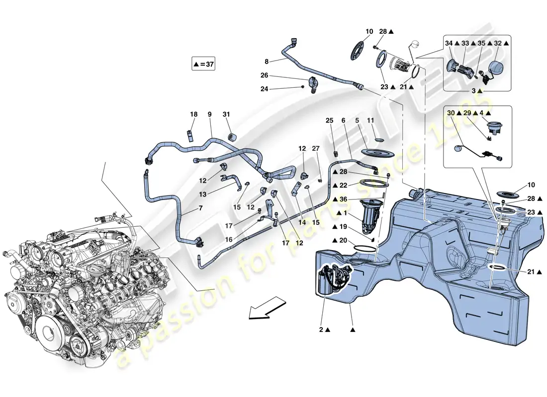 ferrari california t (europe) fuel pump and connector pipes parts diagram