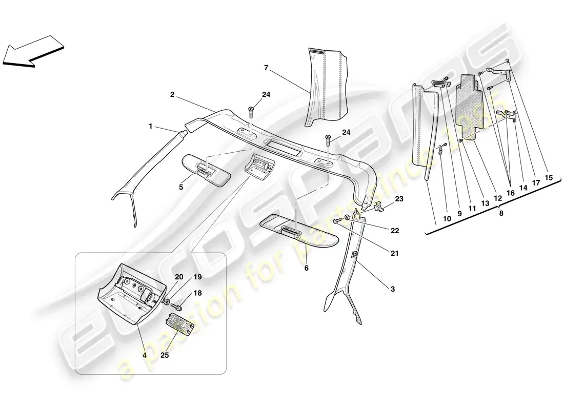 ferrari f430 spider (usa) headliner trim and accessories parts diagram