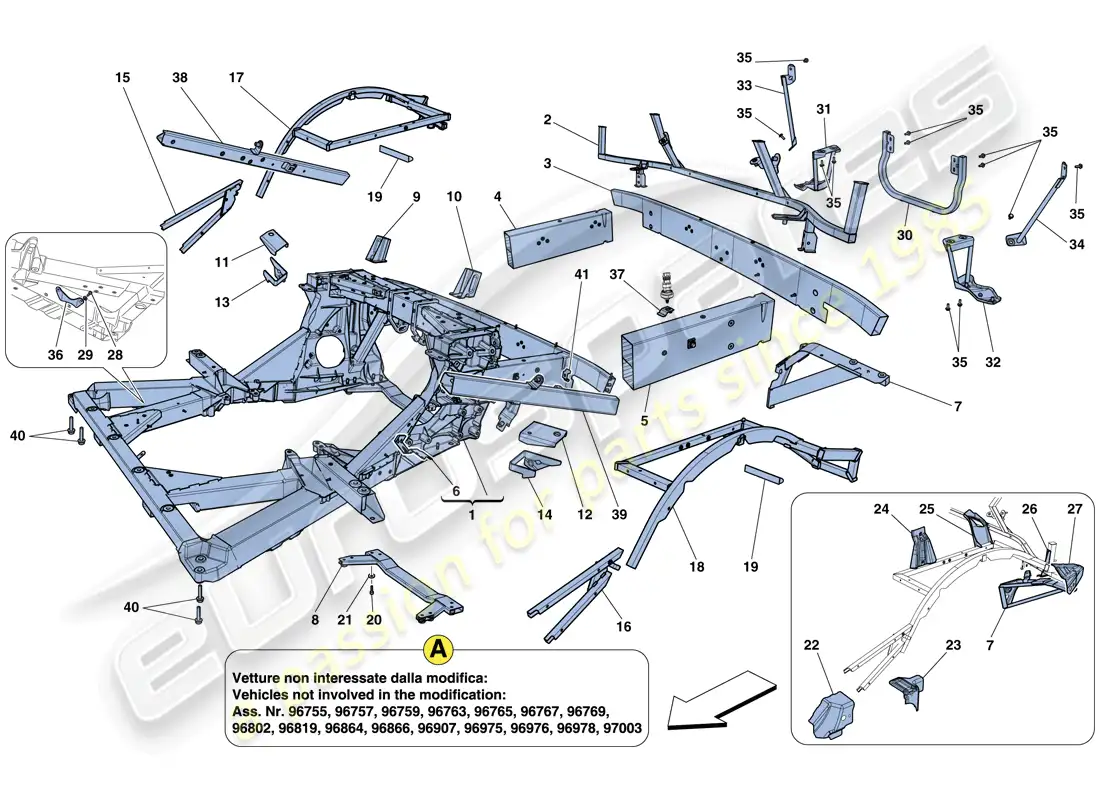 ferrari 458 italia (rhd) chassis - structure, rear elements and panels parts diagram