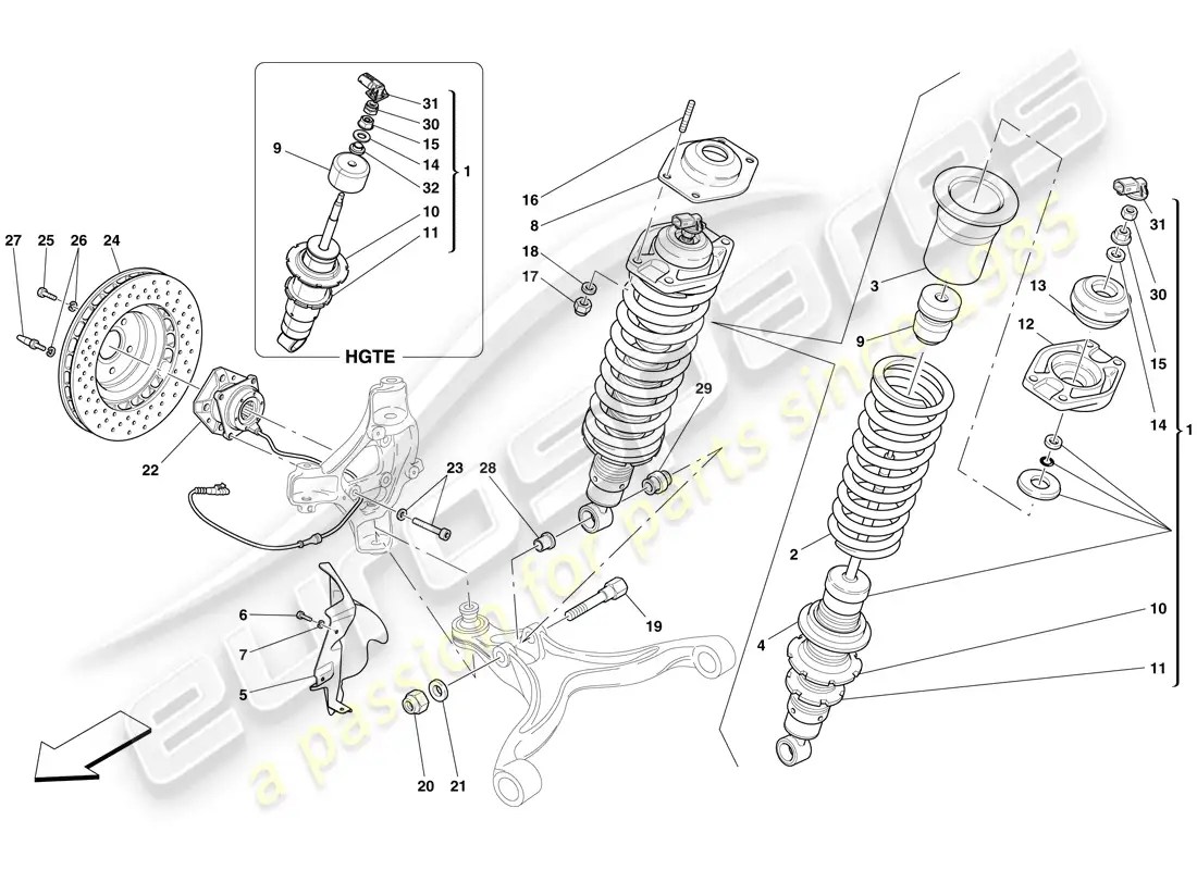 ferrari 599 gtb fiorano (europe) front suspension - shock absorber and brake disc parts diagram