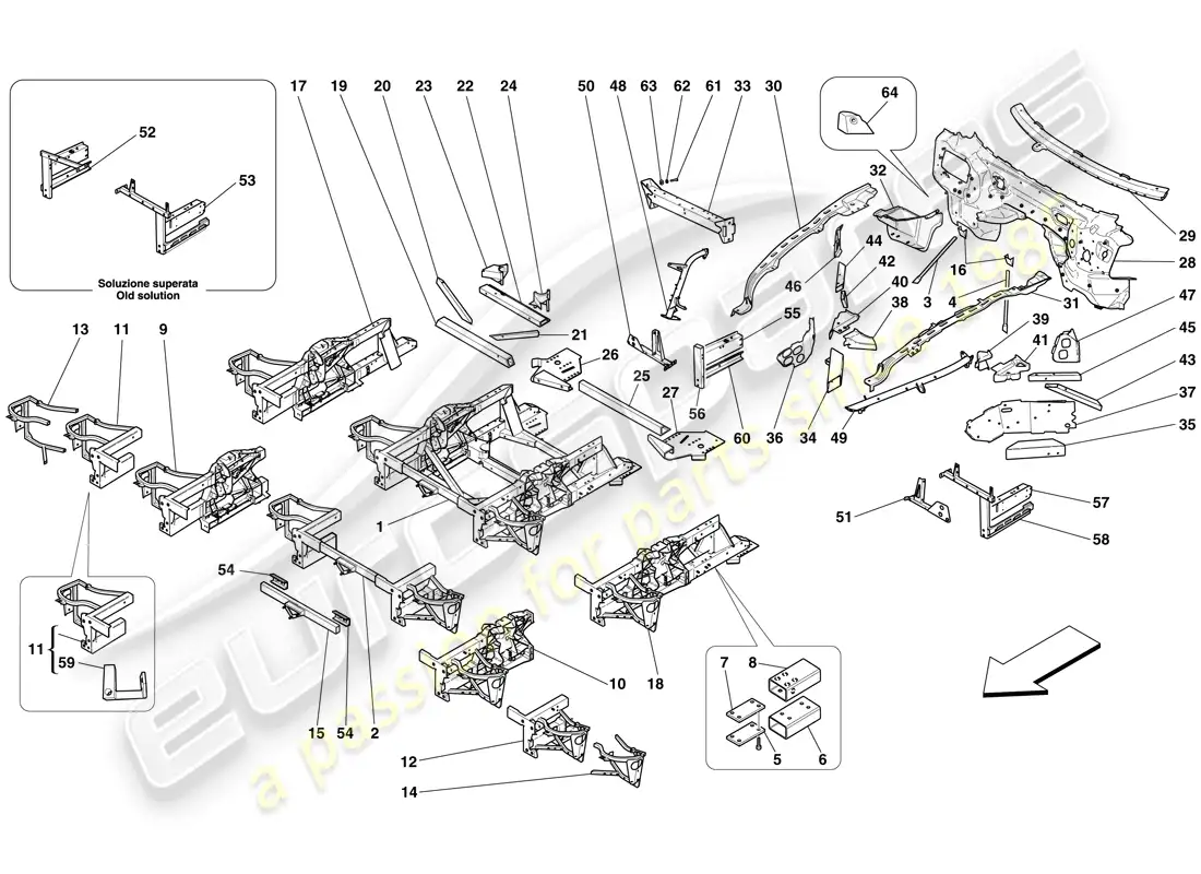 ferrari 599 gto (rhd) structures and elements, front of vehicle parts diagram