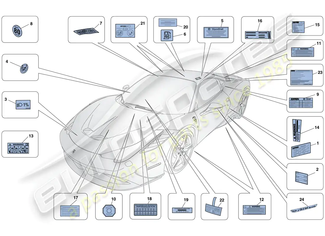 ferrari 458 speciale (usa) adhesive labels and plaques parts diagram