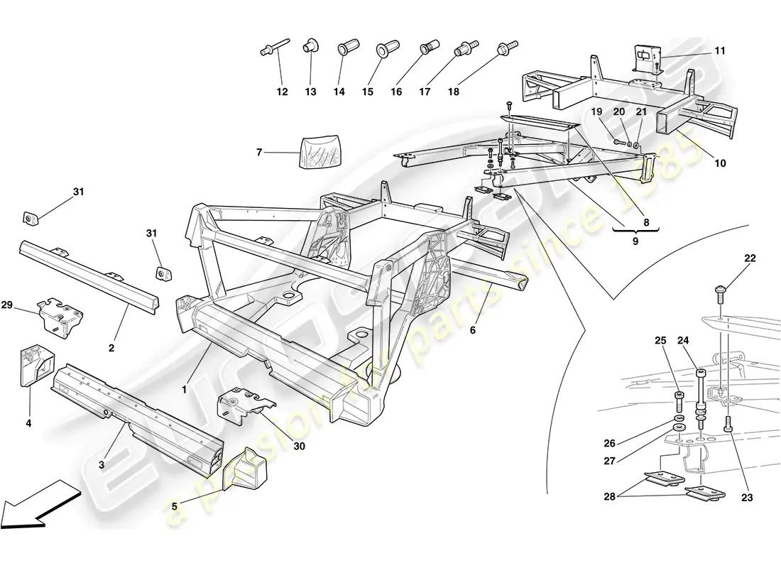 ferrari f430 coupe (rhd) chassis - structure, rear elements and panels parts diagram