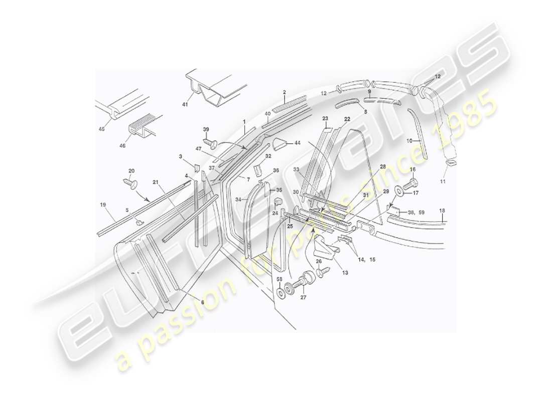 aston martin v8 virage (2000) weather seals, volante part diagram