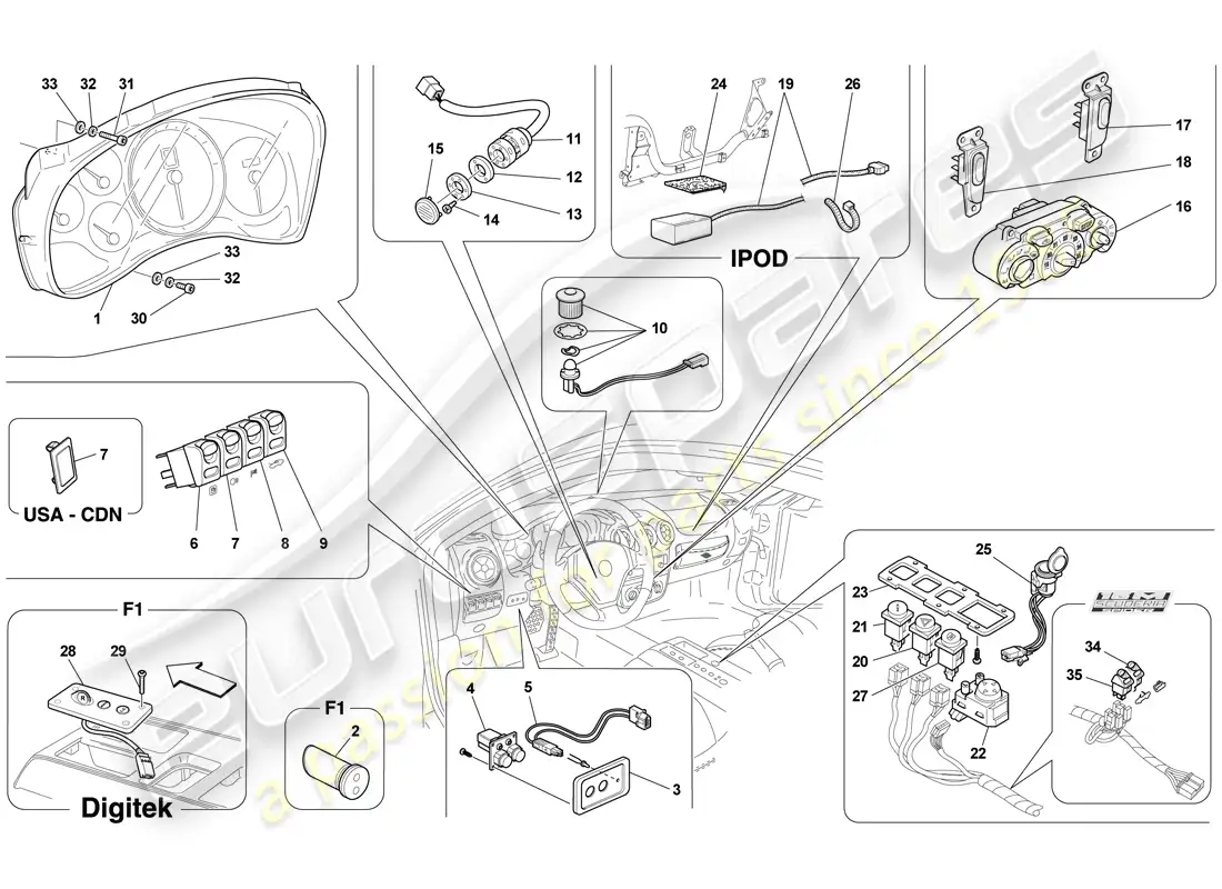 ferrari f430 scuderia spider 16m (europe) dashboard and tunnel instruments parts diagram