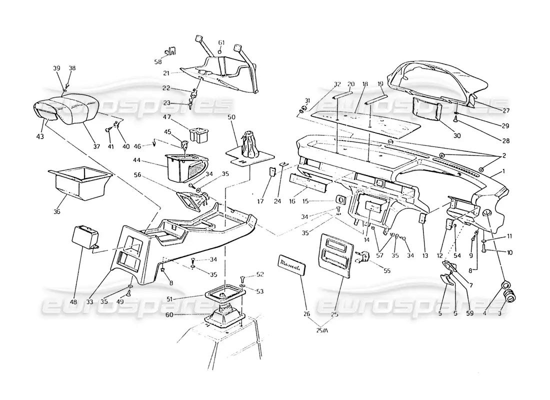 maserati karif 2.8 instrument panel and console (rh steering cars) parts diagram
