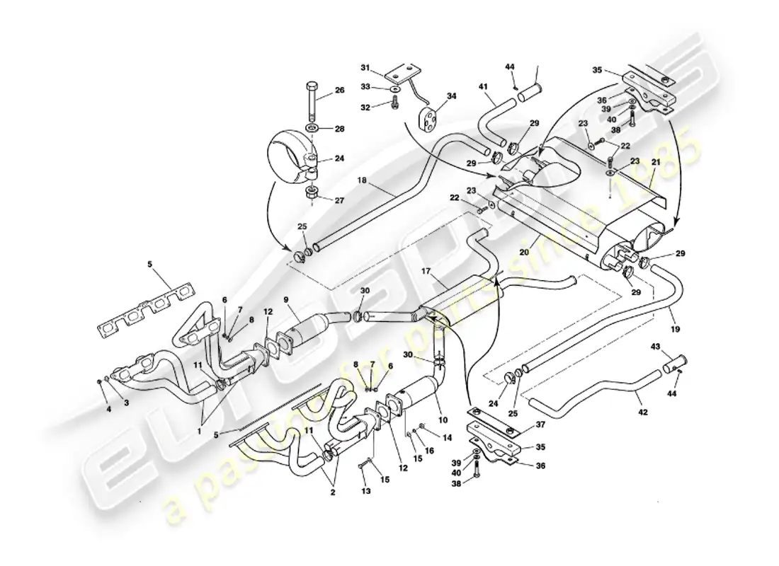 aston martin v8 volante (1999) exhaust system parts diagram