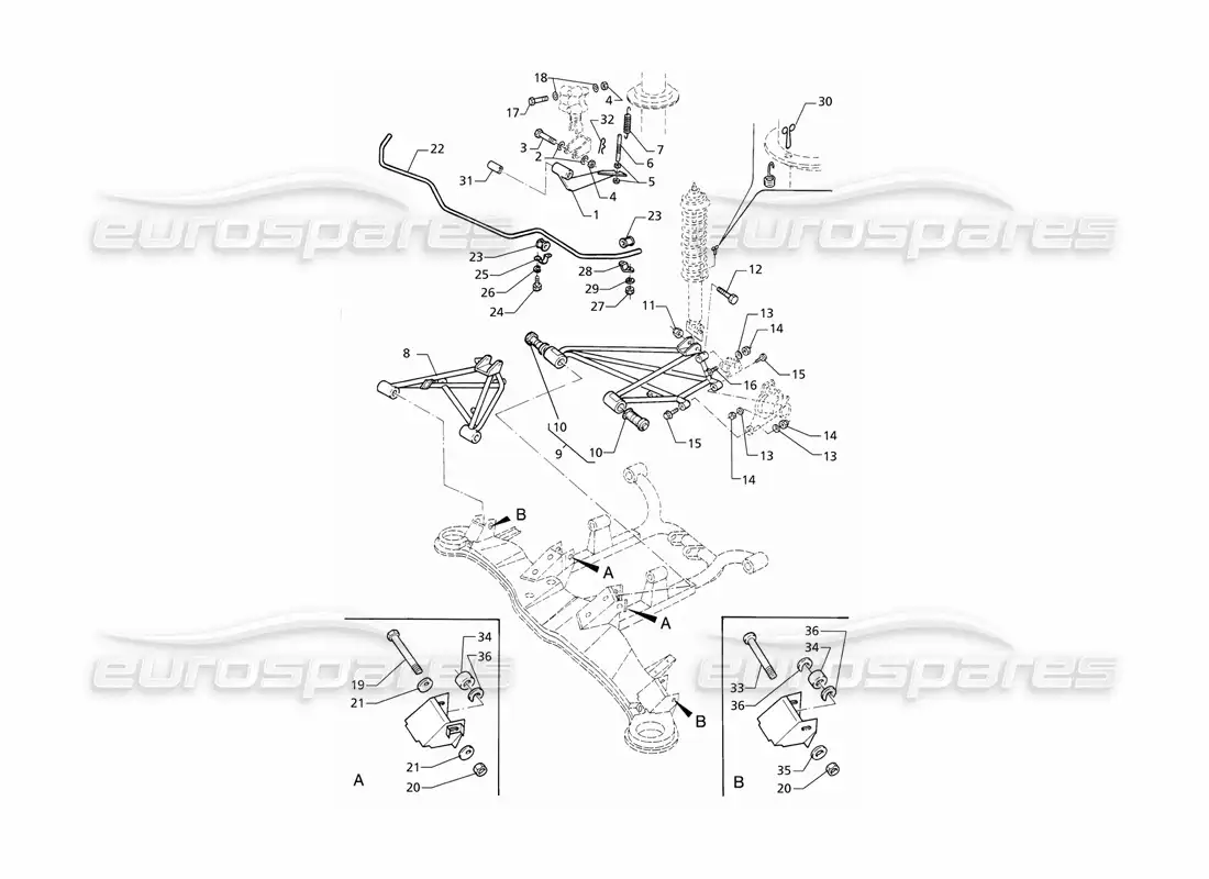 maserati qtp v6 (1996) rear suspension post modification and anti roll bar parts diagram
