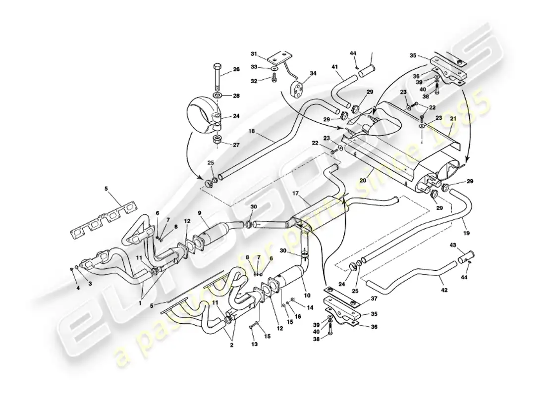 aston martin v8 volante (2000) exhaust system parts diagram