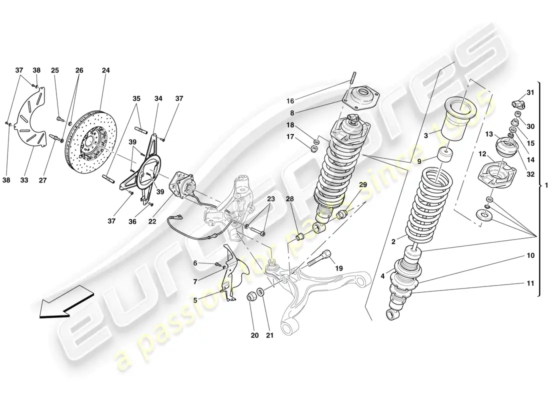 ferrari 599 gto (usa) front suspension - shock absorber and brake disc parts diagram