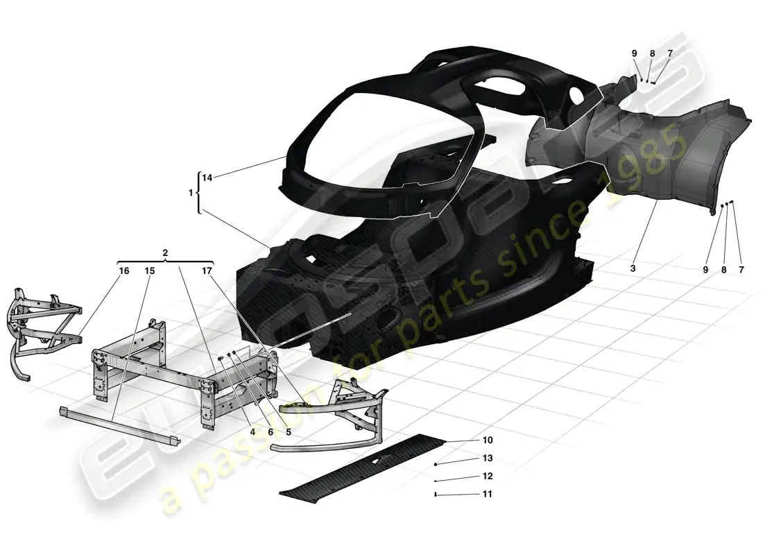 ferrari laferrari (europe) monocoque tub - front subchassis - central flat undertray parts diagram