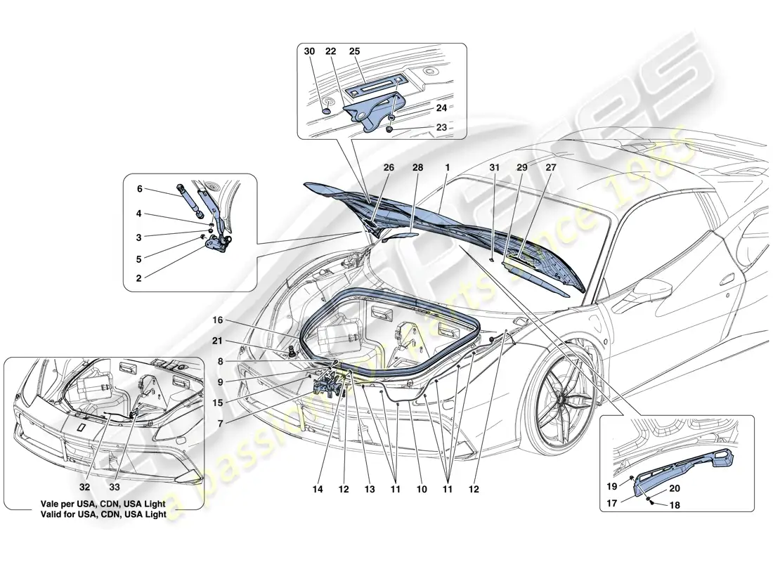ferrari 488 spider (europe) front lid and opening mechanism parts diagram