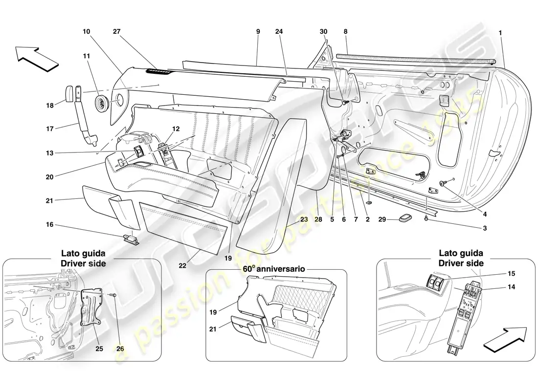 ferrari 612 sessanta (rhd) doors - substructure and trim parts diagram