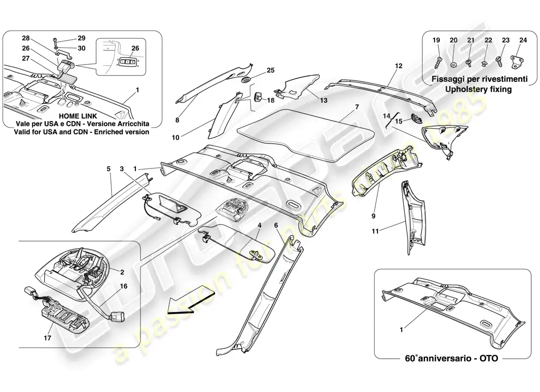 ferrari 612 sessanta (rhd) headliner trim and accessories parts diagram