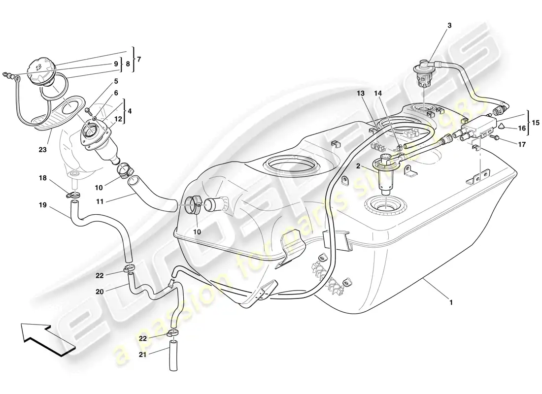 ferrari 599 gtb fiorano (rhd) fuel tank - filler neck and pipes parts diagram