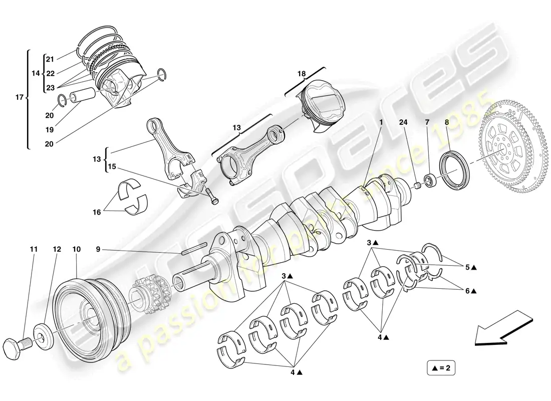 ferrari 599 gtb fiorano (rhd) crankshaft - connecting rods and pistons parts diagram