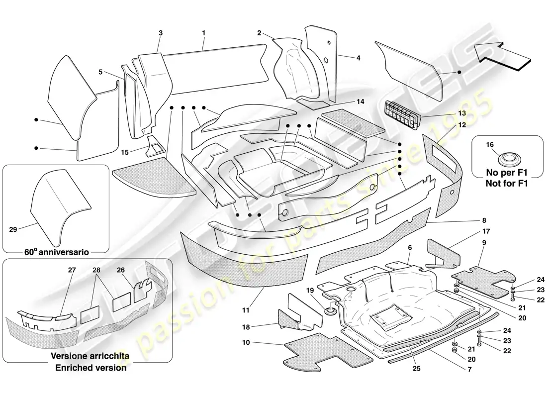 ferrari 612 sessanta (rhd) luggage compartment insulation parts diagram