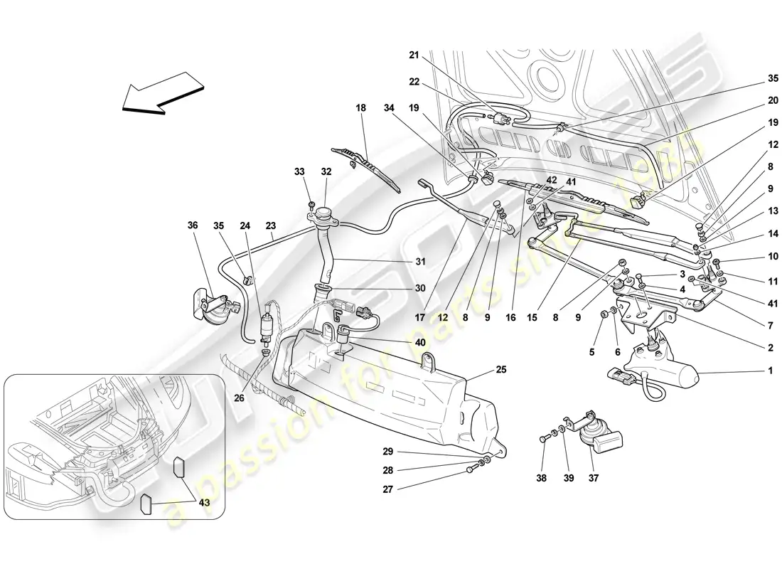 ferrari f430 scuderia (europe) windscreen wiper, windscreen washer and horns parts diagram
