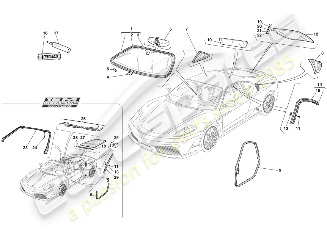 ferrari f430 scuderia (europe) screens, windows and seals parts diagram