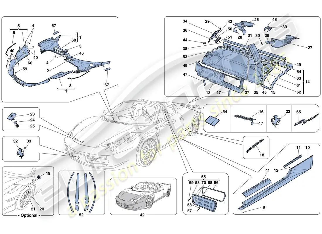 ferrari 458 spider (usa) shields - external trim parts diagram