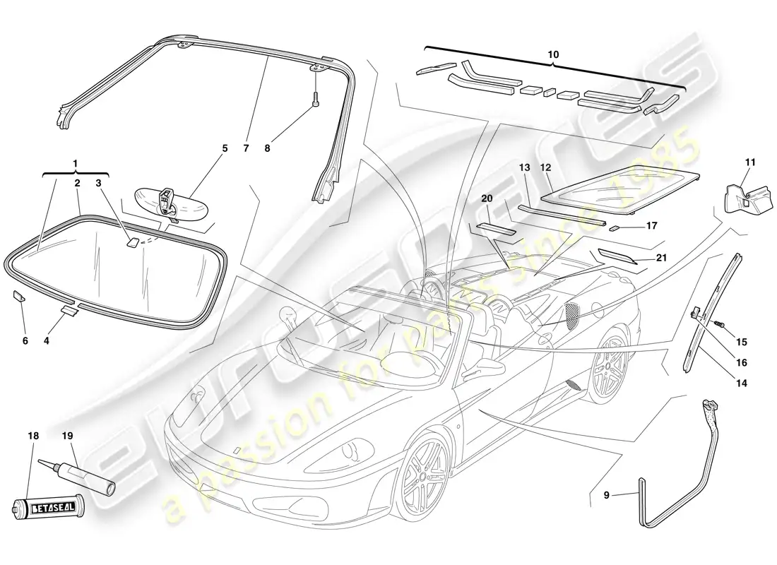 ferrari f430 spider (europe) screens, windows and seals parts diagram