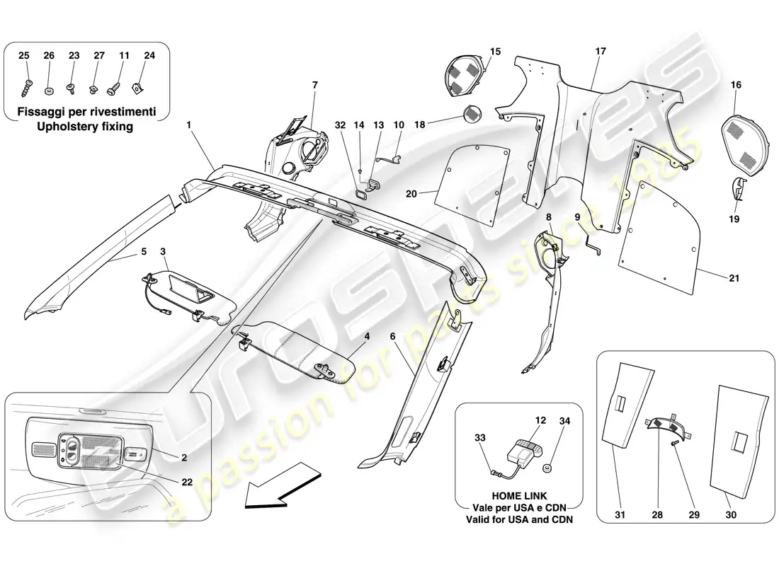 ferrari 599 sa aperta (rhd) windscreen rim and rear passenger compartment trim parts diagram