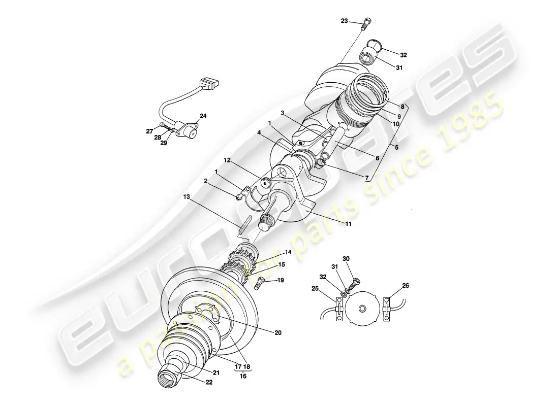 aston martin v8 volante (2000) crankshaft, pistons & rods parts diagram