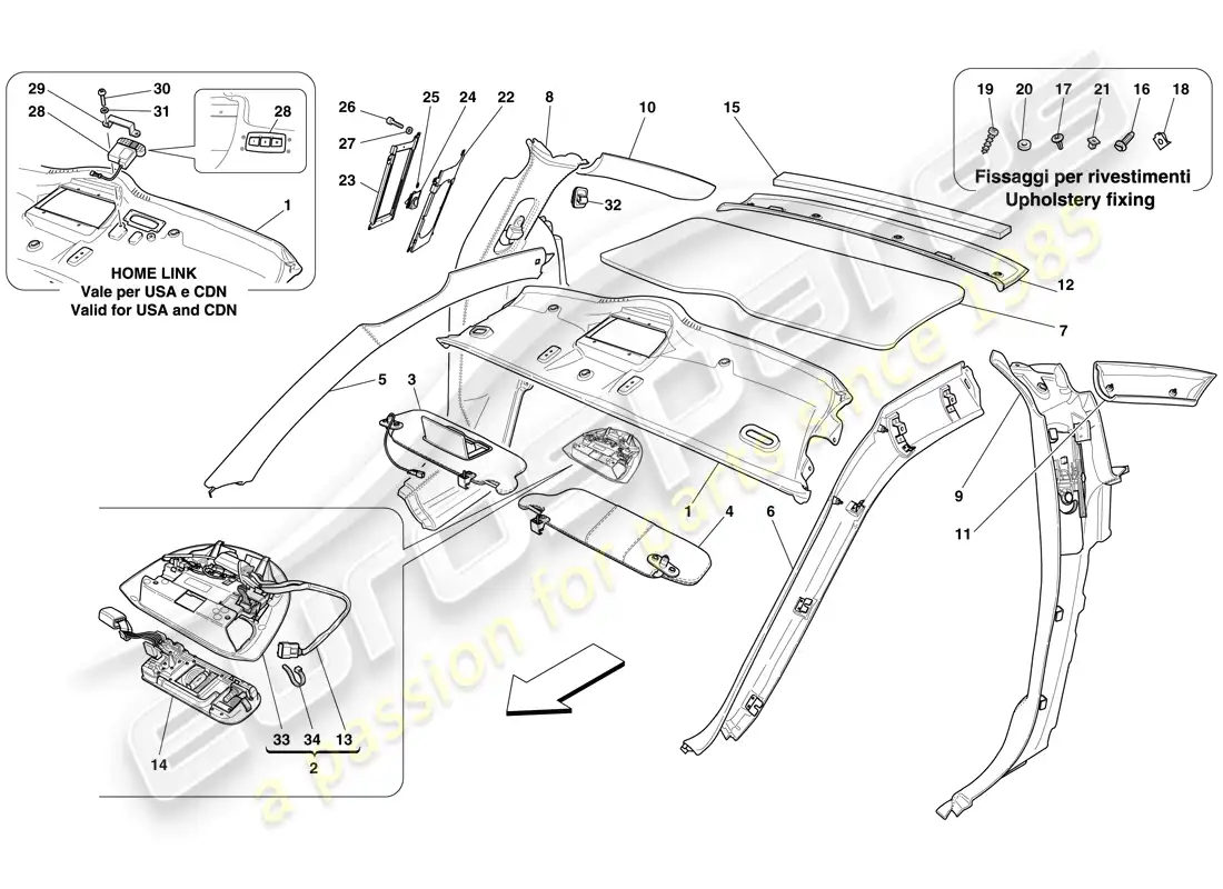 ferrari 599 gto (rhd) headliner trim and accessories parts diagram