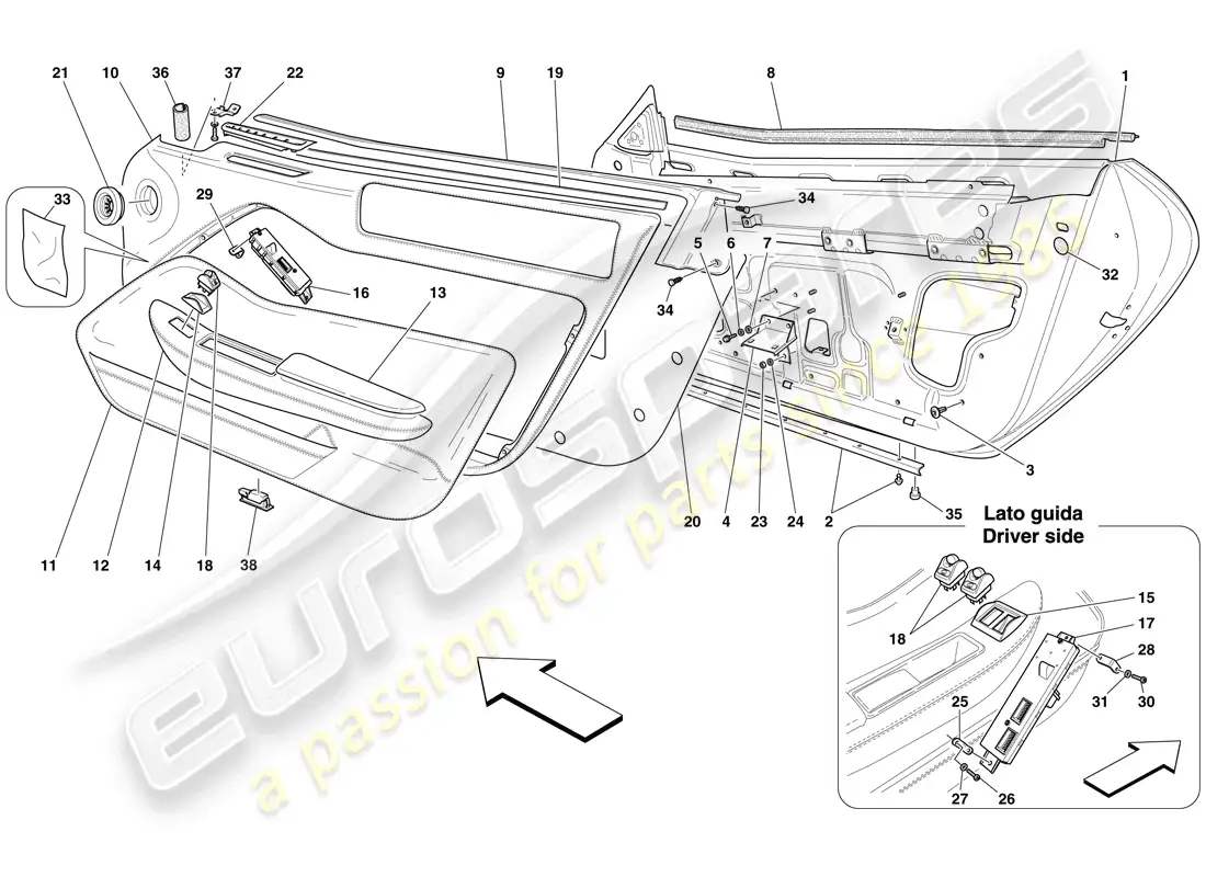 ferrari 599 gtb fiorano (rhd) doors - substructure and trim parts diagram