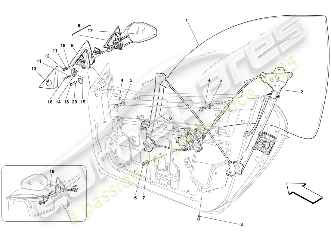 ferrari 599 gtb fiorano (rhd) doors - power windows and rear-view mirror parts diagram