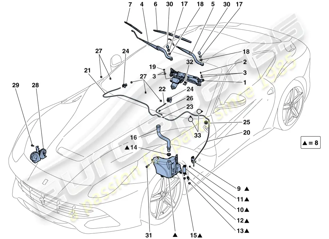 ferrari f12 berlinetta (europe) windscreen wiper, windscreen washer and horns parts diagram
