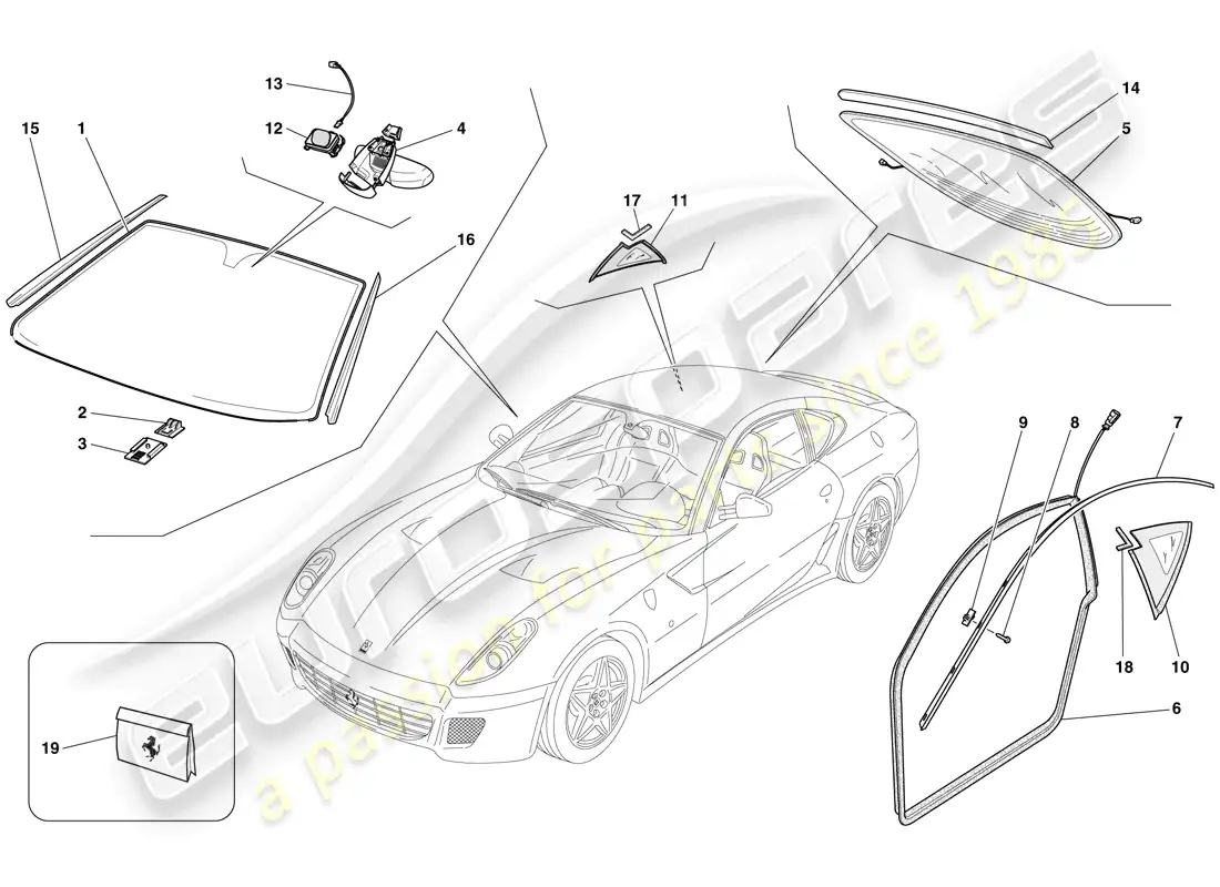 ferrari 599 gtb fiorano (rhd) screens, windows and seals parts diagram