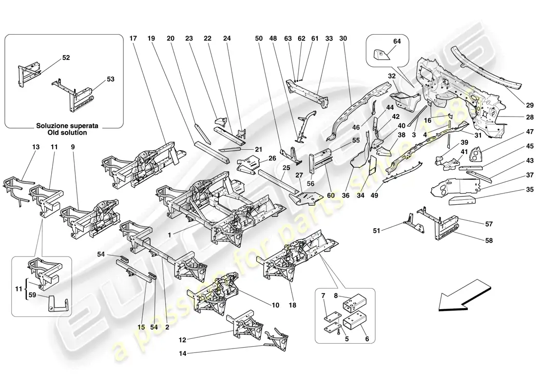 ferrari 599 gtb fiorano (rhd) structures and elements, front of vehicle parts diagram
