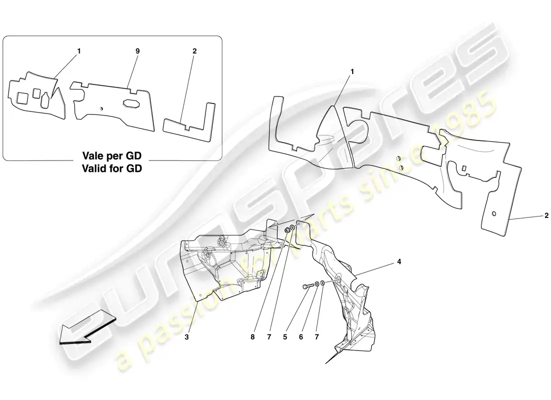 ferrari 599 gto (rhd) engine compartment firewall insulation parts diagram