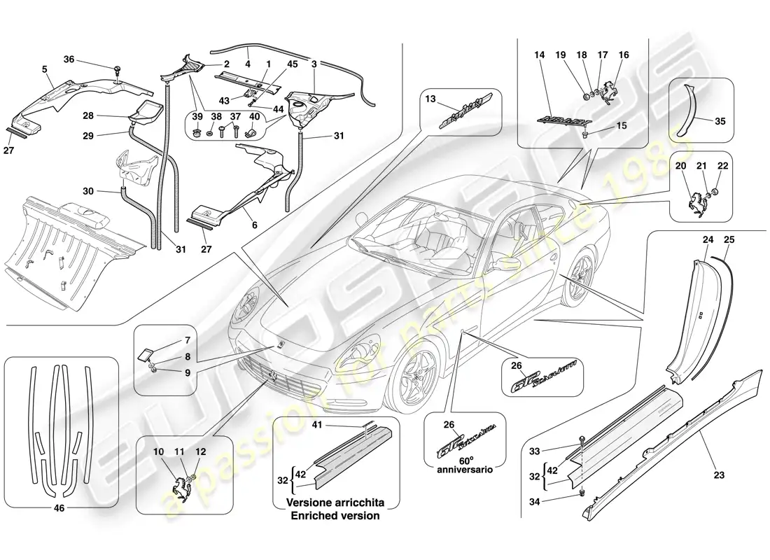 ferrari 612 sessanta (rhd) exterior trim parts diagram
