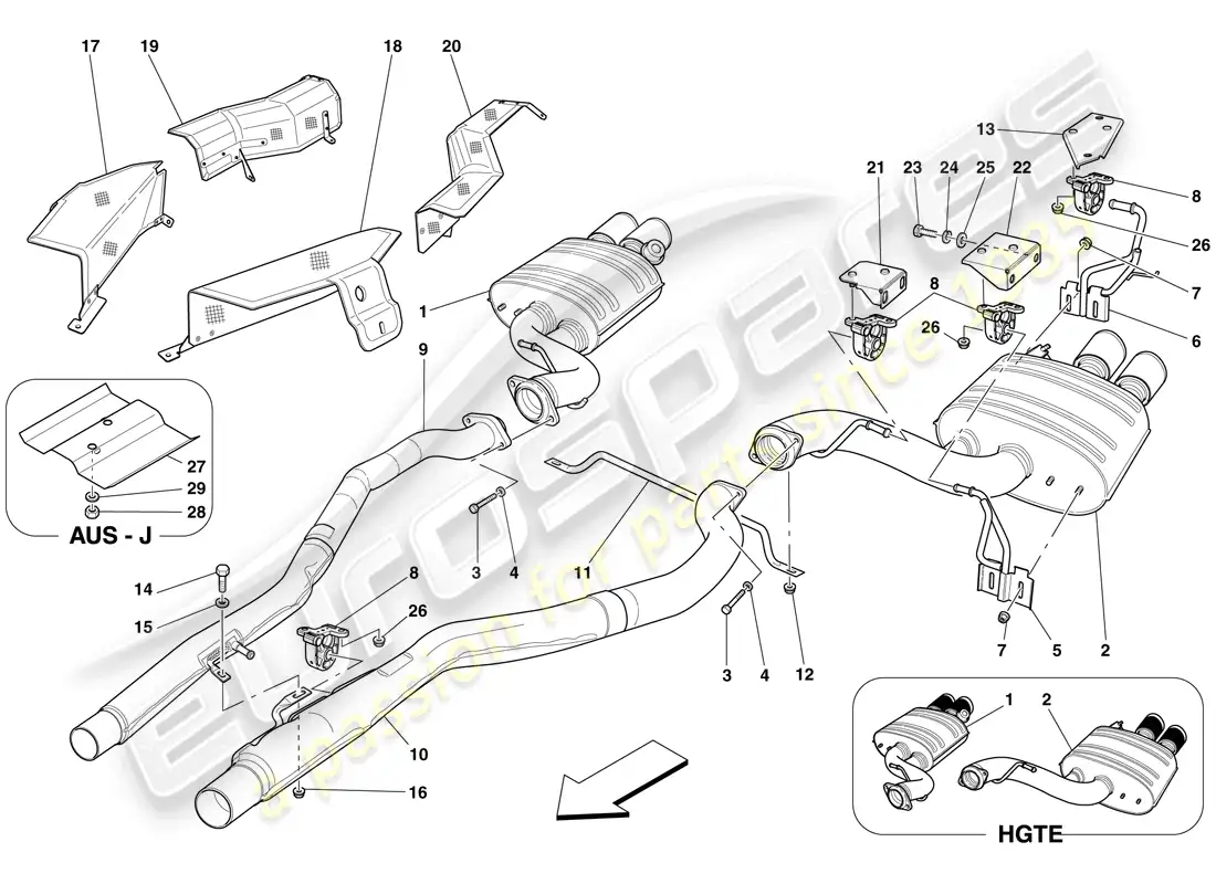 ferrari 599 gtb fiorano (rhd) rear exhaust system parts diagram