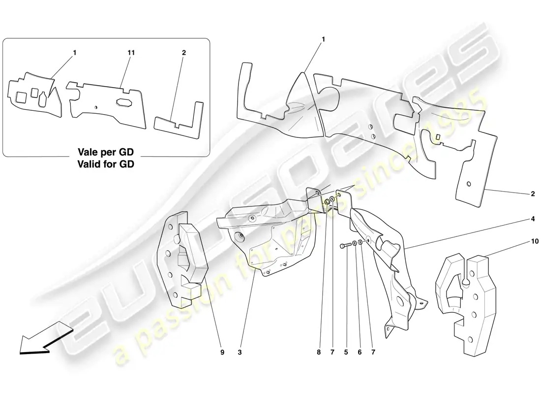 ferrari 599 sa aperta (rhd) engine compartment firewall insulation parts diagram