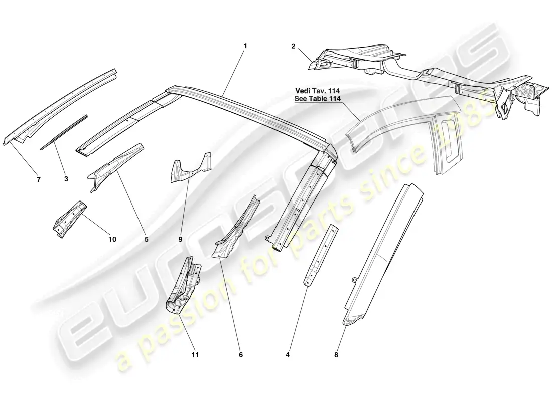 ferrari 599 sa aperta (rhd) bodyshell - roof parts diagram