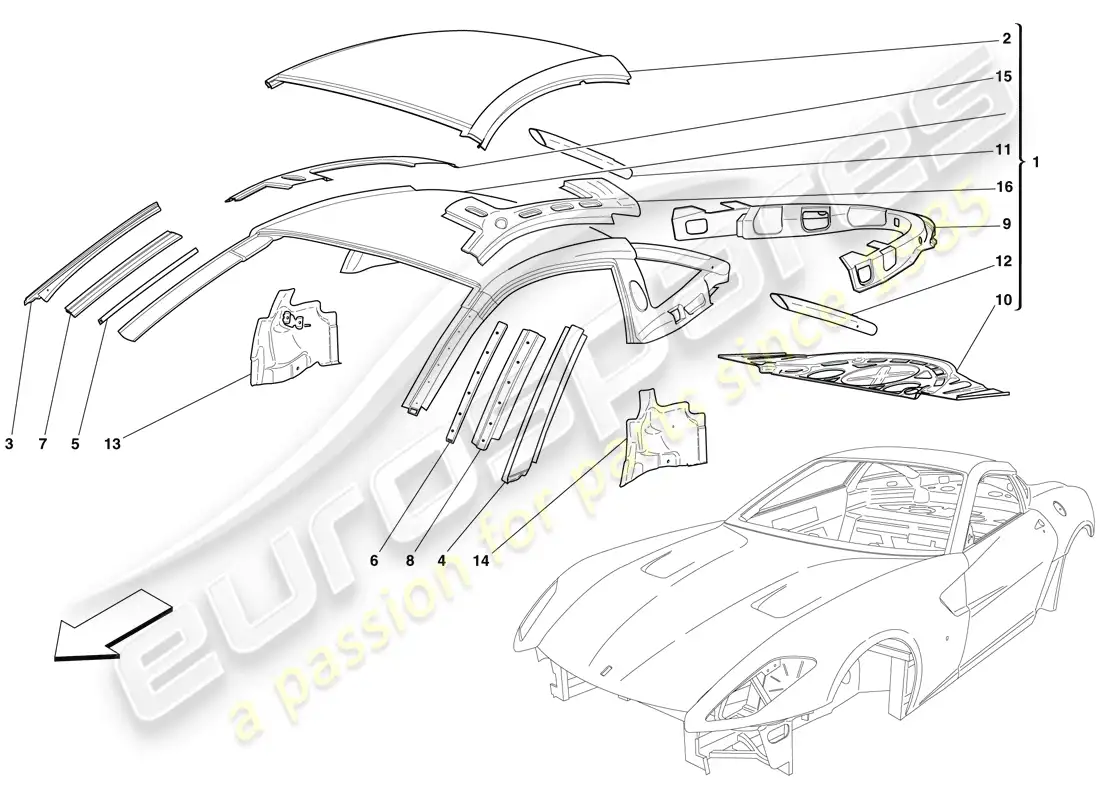 ferrari 599 gtb fiorano (rhd) bodyshell - roof parts diagram