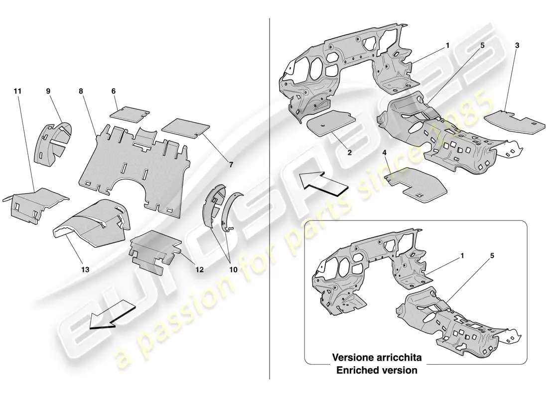ferrari 612 sessanta (rhd) passenger compartment insulation parts diagram