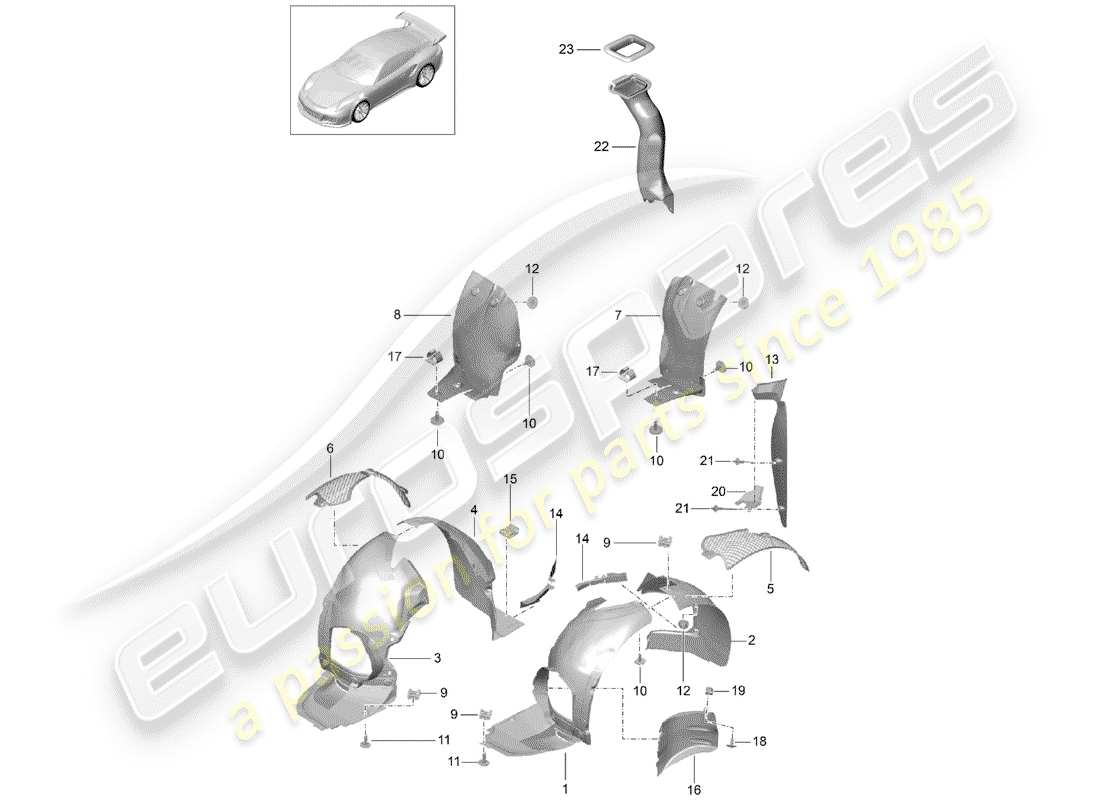 porsche 991r/gt3/rs (2014) wheelhouse protector parts diagram