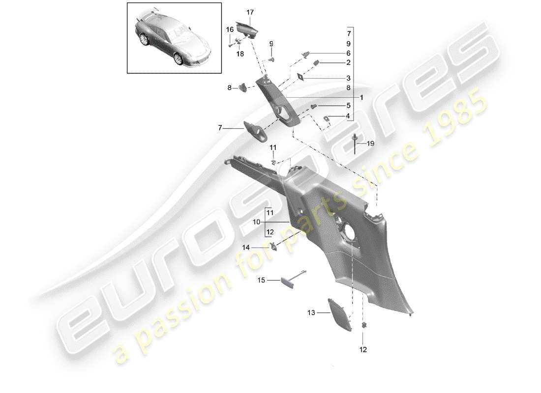 porsche 991r/gt3/rs (2020) quarter trim panel parts diagram