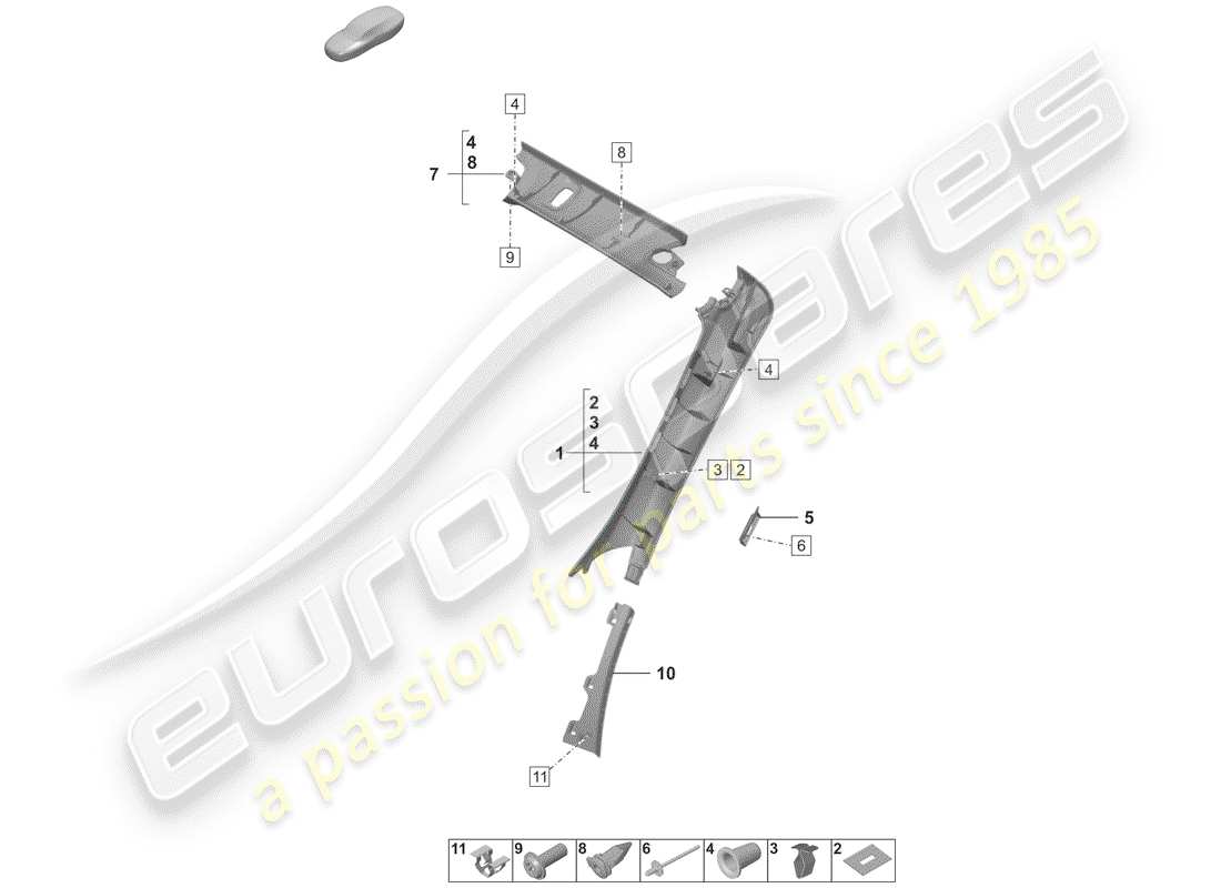 porsche 2019 (992-1) lining, pillar a part diagram